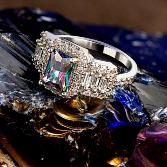 Rainbow stone emerald cut engagement ring baguette ring size 10 - Picture 2 of 3